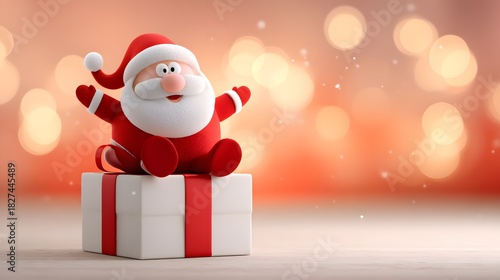 Cute cartoon Santa sitting happily on a gift box wrapped with a red ribbon