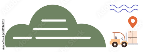 Green cloud shape linked with logistics and warehouse themes. Forklift moves boxes, location pin, and lines suggest data flow. Ideal for technology, logistics, storage, delivery, warehouse