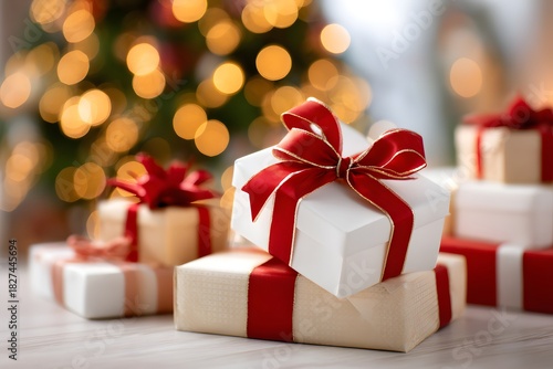 Wallpaper Mural Christmas gift boxes stacked together with festive ribbons and bows, set against a warm bokeh background and holiday lights Torontodigital.ca