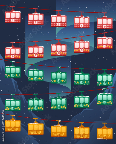 Colorful cable cars numbered like an advent calendar glide across a starry winter mountain night, perfect for holiday countdown designs and festive seasonal projects.