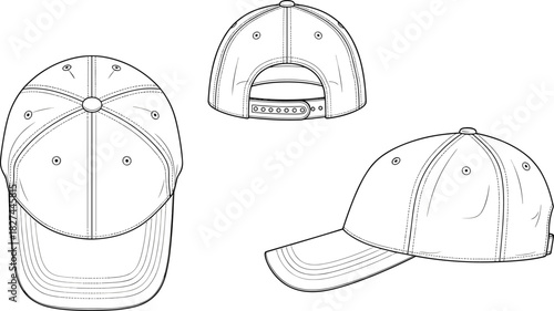 Baseball cap technical sketch, CAD flat drawing, vector headwear illustration, fashion accessory template, adjustable strap detail, brim profile view