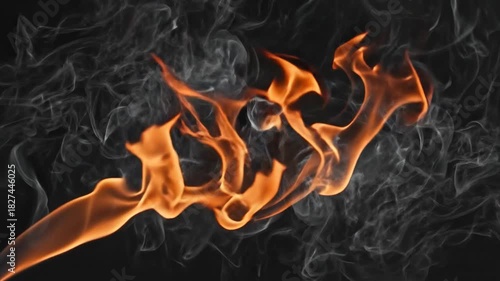 Fiery Orange Flames Swirling with Wisps of Gray Smoke Against a Dark Black Background