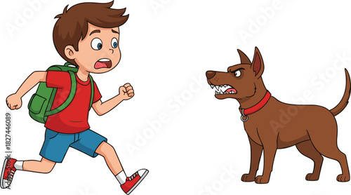 Boy running from angry dog, cartoon fear moment, animal safety sketch, emotional action vector, childhood danger illustration concept