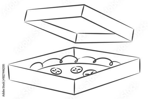 Open pizza box drawn in minimal outline, showing a fresh pie inside for delivery or takeout.