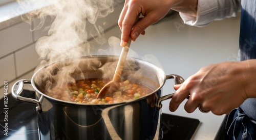 Fototapeta Naklejka Na Ścianę i Meble -  Person stirring a pot of soup on a stovetop with steam rising.