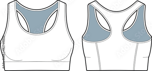 CAD drawing flat vector illustration of sports bra front and back view, racerback Y shape, scoop neckline, mesh fabric detail