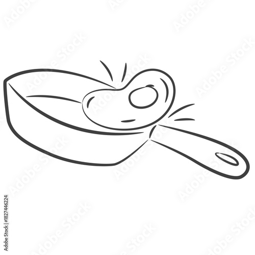 Line art of a frying pan with a sizzling egg, simple and modern for food themes.