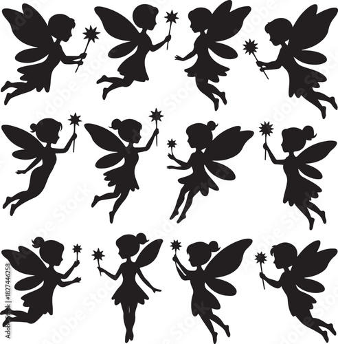 Silhouette Collection of Whimsical Fairies with Magic Wands on White Background