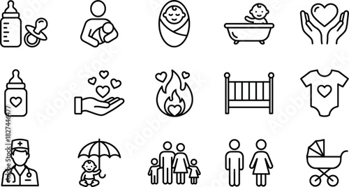 Baby Care Parenting Family Maternity Outline Icons Set, Including Infant, Newborn, Pacifier, Bottle, Stroller, Crib, Doctor, and Love Heart Symbols, Vector Graphics.