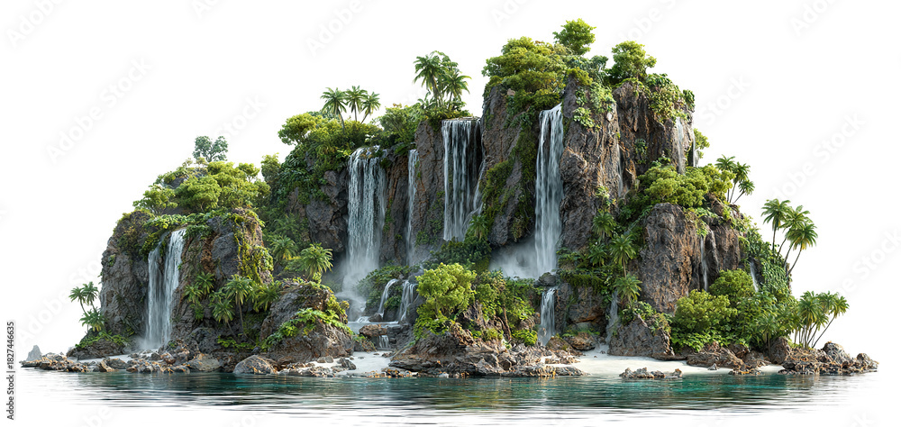 Naklejka premium Tropical island with palm trees and cascading waterfalls, isolated on transparent cutout background