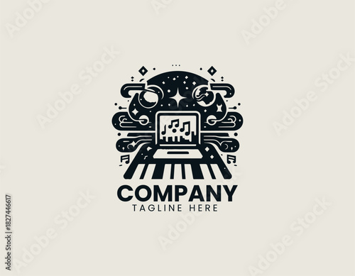 Modern Musicpedia icon featuring abstract sound waves and book elements in a clean black vector logo illustration