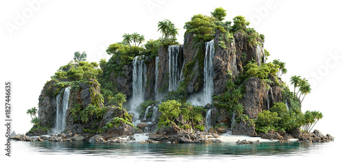 Tropical island with palm trees and cascading waterfalls, isolated on transparent cutout background