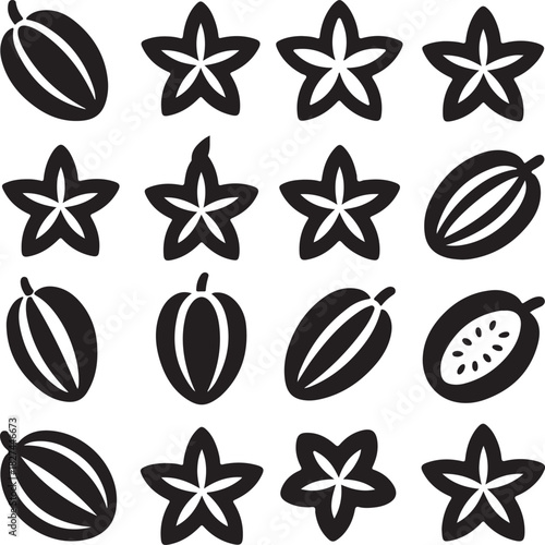 Star Fruit and other Tropical Fruit Silhouettes in Black and White