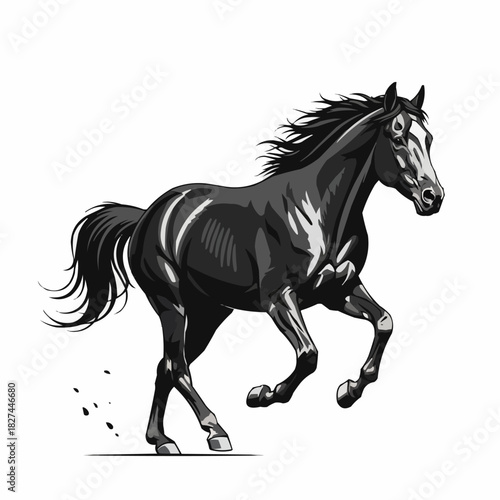 Elegant black horse running in a dynamic monochrome illustration.