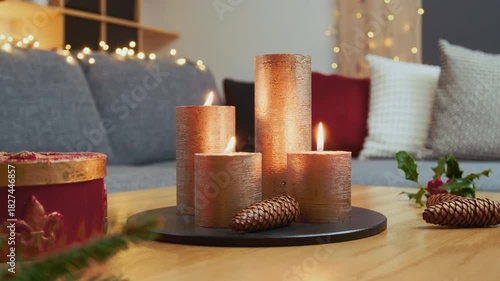 Christmas Home Decorations – Advent Arrangement With Three Lit Golden Candles