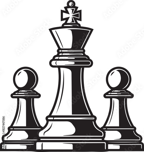 Black and white king chess piece with two pawns game
