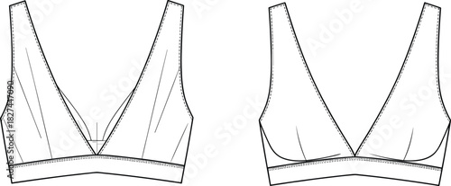 Bralette fashion flat, technical lingerie sketch, CAD garment drawing, vector underwear design, contour seam detail, apparel illustration, sewing template, pattern making
