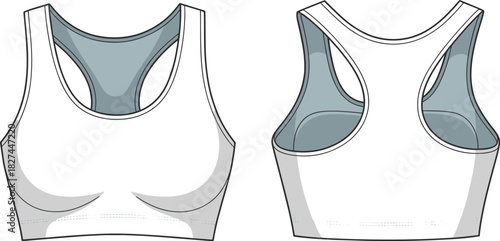 CAD drawing flat vector illustration of sports bra front and back view, racerback design, scoop neckline, inner lining, athletic wear