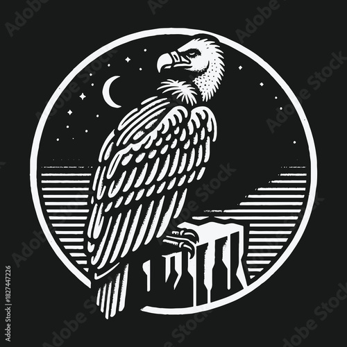 Black and white vulture perched under a starry night sky emblem.
