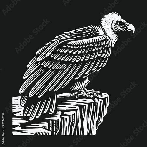 Monochrome vulture illustration in a bold woodcut style.