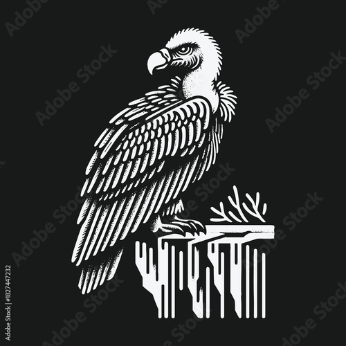 Monochrome graphic art of a perched vulture on a black background.