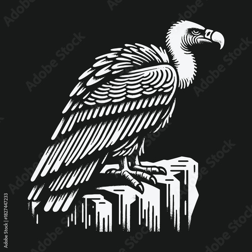 Monochrome vulture perched on a rocky ledge illustration.
