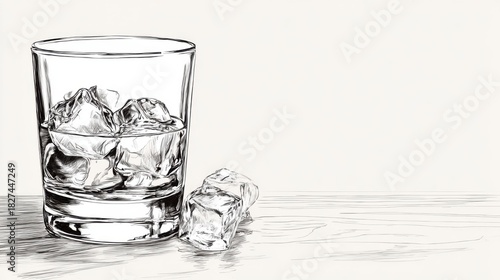 Glass of Whiskey with Ice on Wooden Table and Light Background