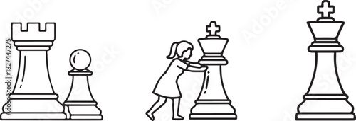 Girl pushing chess king with rook and pawn game