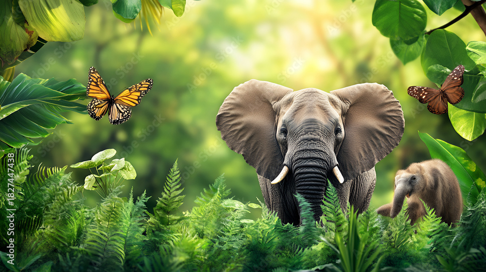 Obraz premium Elephant family in lush jungle with butterflies and vibrant green foliage