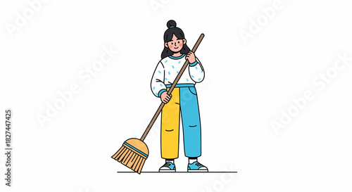 Woman Sweeping Floor with Broom in Casual Clothes - Housekeeping Illustration