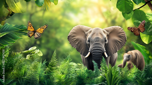Elephant family in lush jungle with butterflies and vibrant green foliage