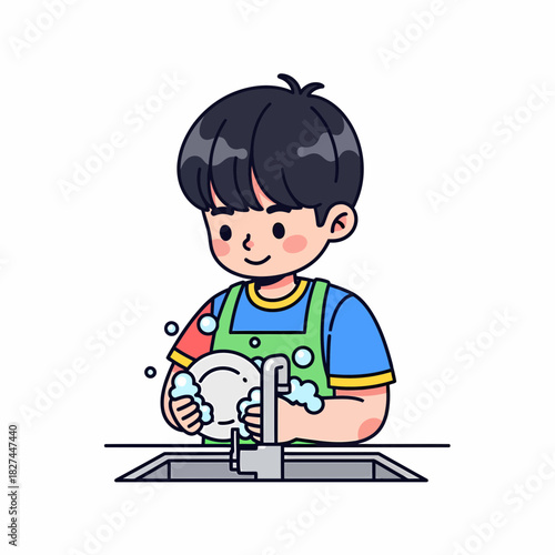 Cartoon illustration of a young boy happily washing dishes in a kitchen sink with soap suds
