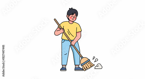 Young boy enthusiastically sweeping the floor with a broom, cleaning up dust and debris