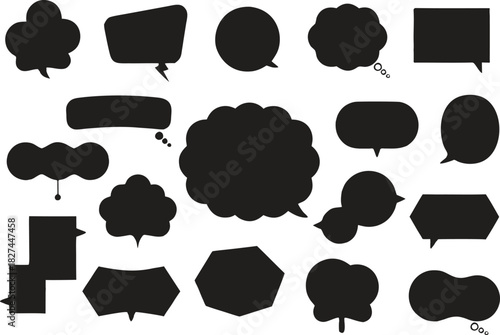 Collection of bold black speech bubbles, thought clouds, and dialogue balloon silhouettes for comics and graphic design. Features diverse shapes for messages, captions, and creative layouts. Ideal