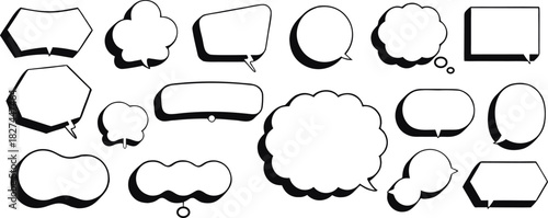 Black and white collection of empty comic speech bubbles in various shapes and styles. Perfect for graphic design, manga, pop art, and dialogue illustration projects. Clean outlines make it ideal for 