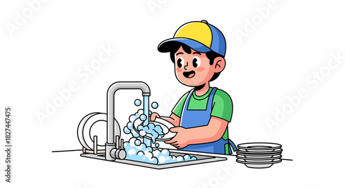 Happy young boy washing dishes diligently in the kitchen sink, embracing household chores with a smile