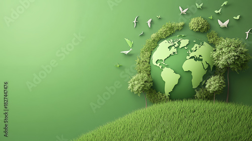 Earth day concept with green planet, trees, grass, and birds on a green background