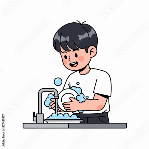 Smiling young person engaged in daily kitchen routine, cleaning plates with soap and water at the sink