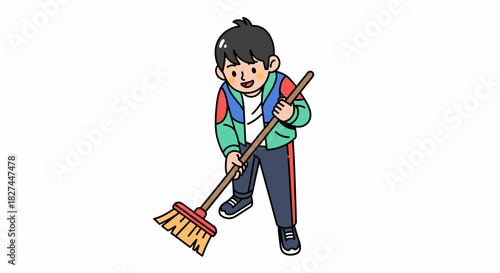 Young Boy Sweeping the Floor A Simple Illustration of Cleaning and Maintenance Activity