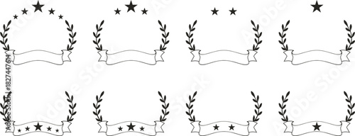 Black and white laurel wreath badge set featuring stars and blank ribbon banners for customizable awards and labels. Ideal for certificates, achievements, logos, and premium branding. Clean outline de