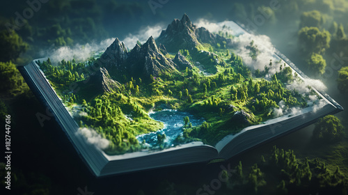 Fantasy landscape scene emerging from an open book with mountains and trees