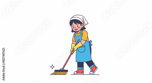 Cheerful person diligently sweeping floor with a broom, symbolizing clean home management and daily routine