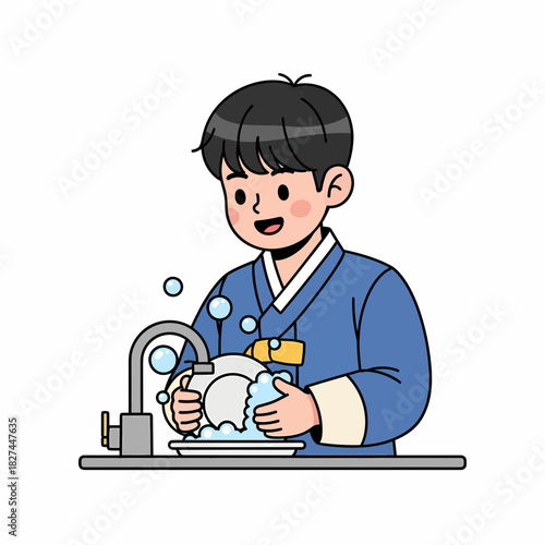 Illustration of a young boy in traditional Korean clothing washing dishes at a sink