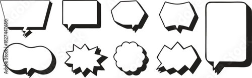 Black and white collection of empty comic speech bubbles in various shapes and styles. Perfect for graphic design, manga, pop art, and dialogue illustration projects. Clean outlines make it ideal for 