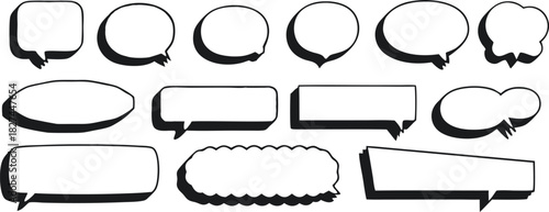 Black and white collection of empty comic speech bubbles in various shapes and styles. Perfect for graphic design, manga, pop art, and dialogue illustration projects. Clean outlines make it ideal for 