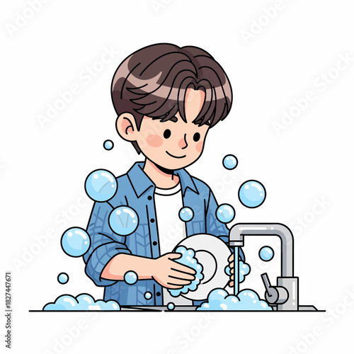 Young Man Washing Dishes Cartoon Character Cleaning Plates in the Sink with Bubbles