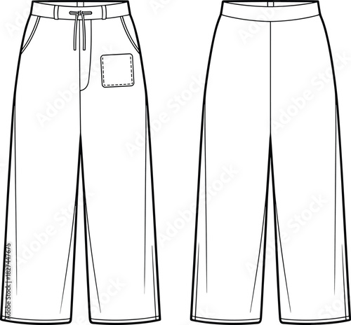 CAD drawing flat vector illustration of wide leg pants front and back view, drawstring waistband, side pockets, patch pocket design