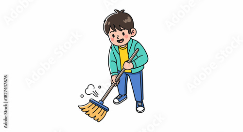Boy Sweeping Animated Illustration of a Young Person Cleaning with a Broom and Happiness