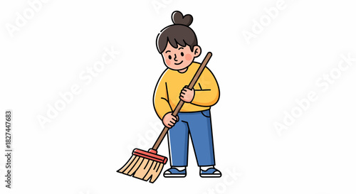 Charming cartoon illustration of a dedicated person sweeping the floor with a broom, showcasing home cleaning activities and household chores