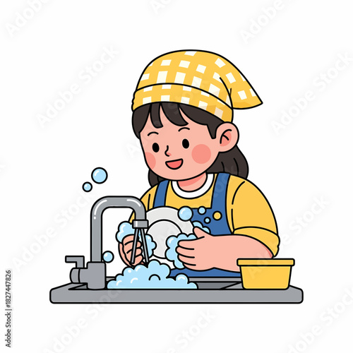 Cheerful young woman in an apron happily washing dishes with soap and bubbles at the kitchen sink